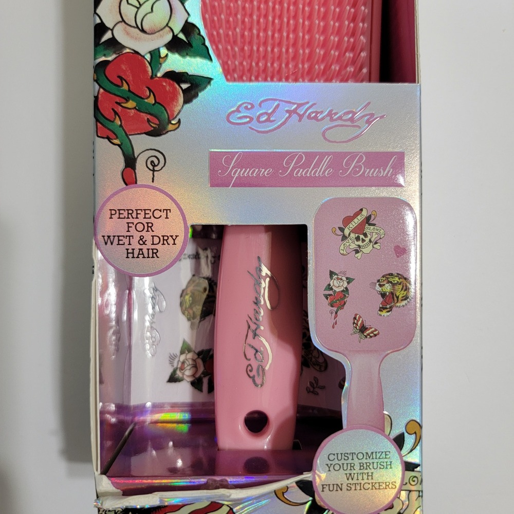 NEW Ed Hardy Pink Square Paddle Brush Wet Dry Hair with‎ Tattoo Stickers New